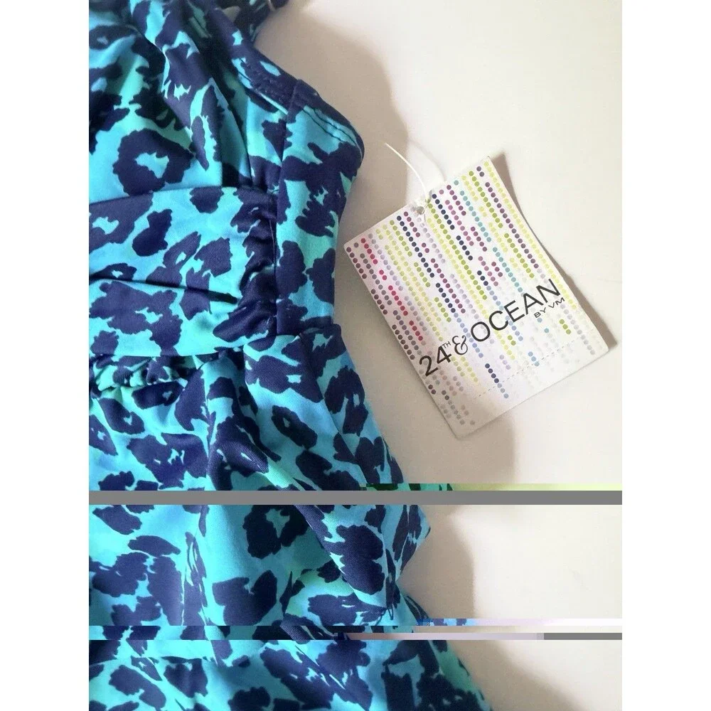 24th & Ocean Tankini Top Womens Sz S Blue Animal Print Layered Ruffle New